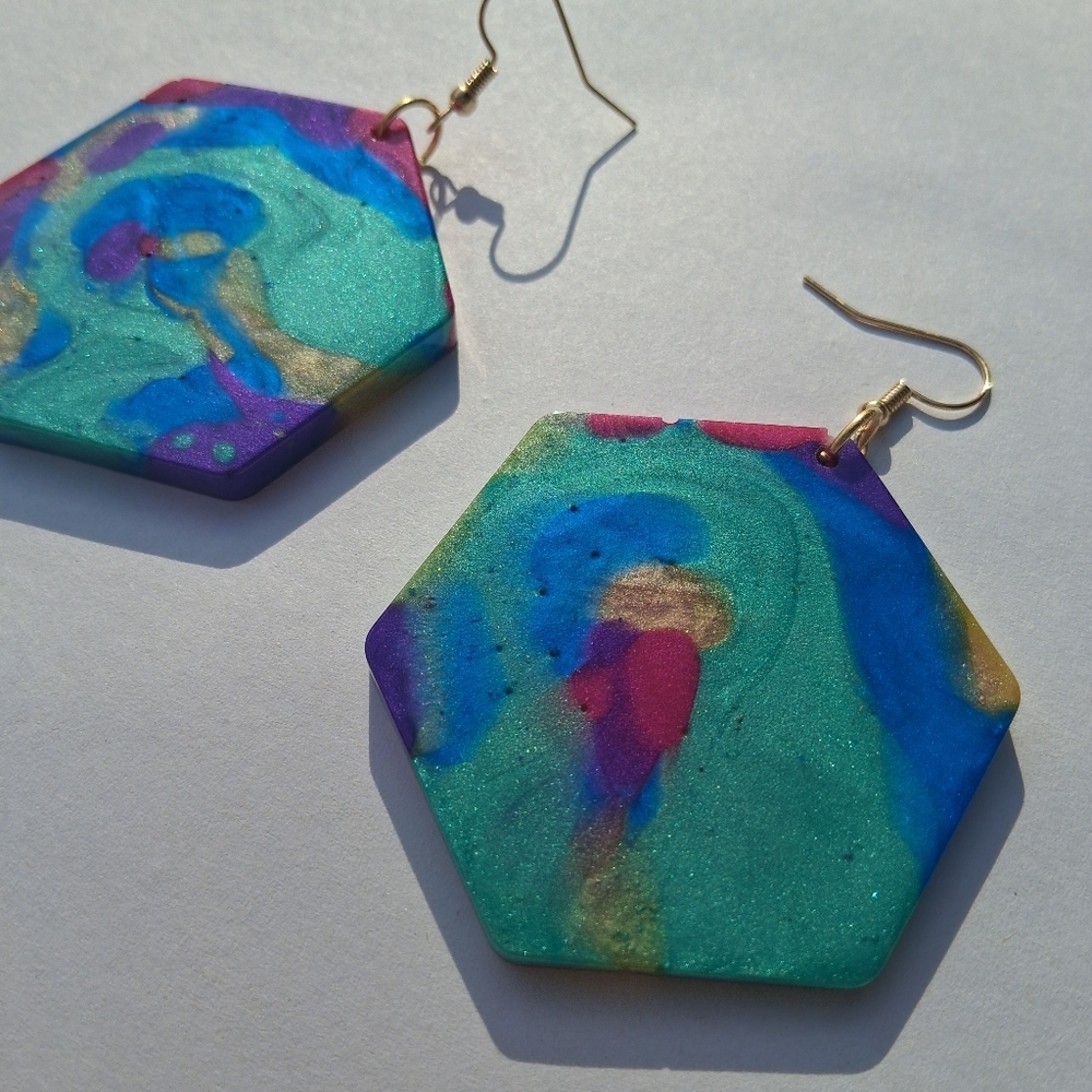 Hand Crafted Multicolor Hexagon Earrings - Picture 2 of 5